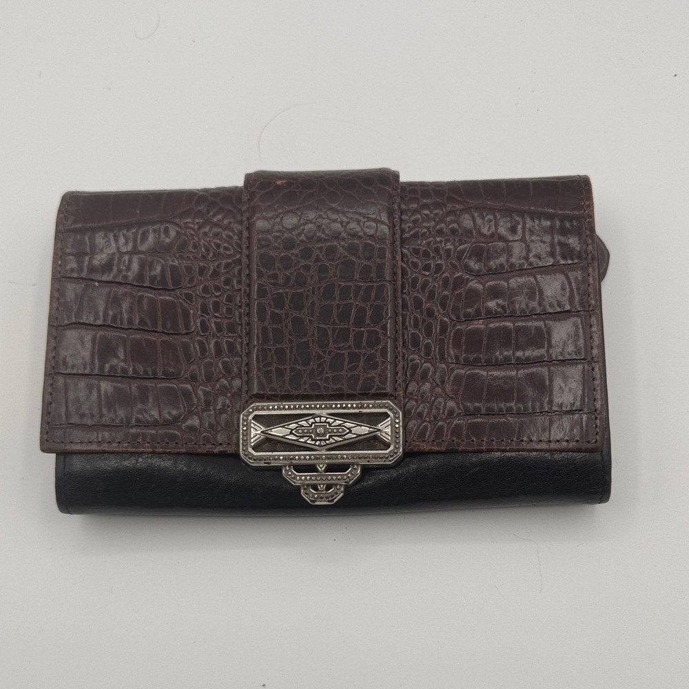 Brighton Brown and Black Crocodile Leather Large Wallet clutch w. Silver Accents